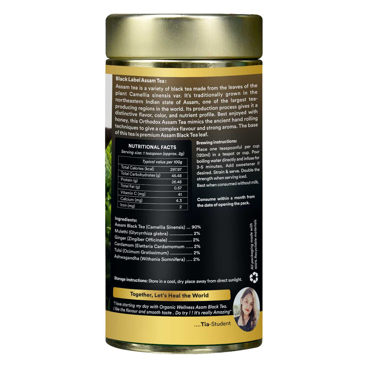 Organic Wellness Black Label Assam Tea | Premium Orthodox Assam Black Tea with Tulsi, Ginger, Cardamom, Mulethi & Ashwagandha | Loose Leaf Black Tea | Rich, Bold Flavour | Natural Antioxidants | 100g