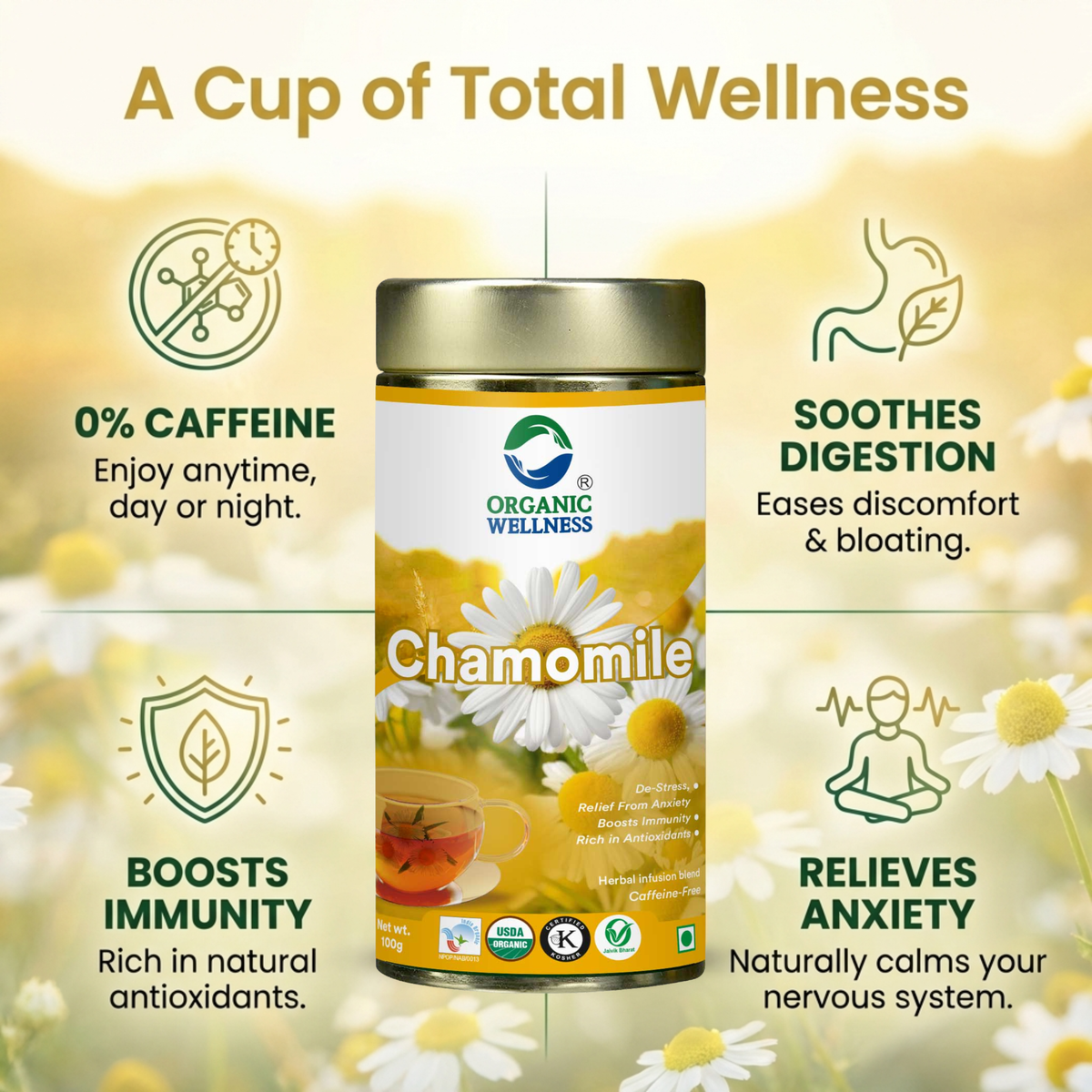 Organic Wellness Blossom Chamomile 100 grams Tin Pack