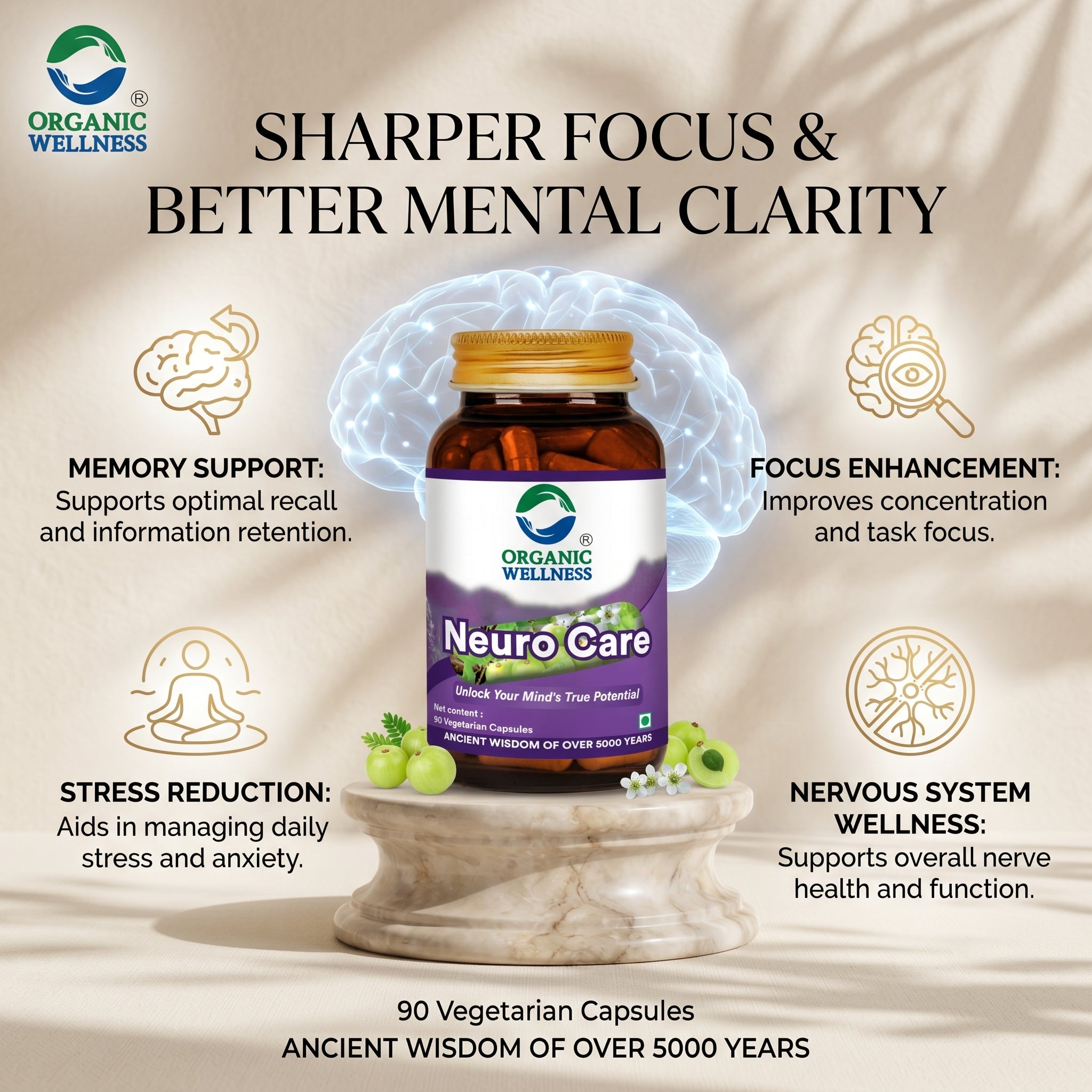 Organic Wellness Neuro Care || Nervous System Support || Brain Nerve Balance Supplement || (90 N Veg Capsules)